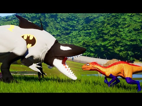 Spider-man indoraptor vs T-rex vs Shark Megalodon Superhero, Batman, Thanos Dinosaurs fighting - JWE
