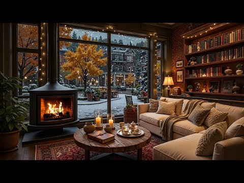 Cozy Winter Coffeehouse Ambience ☕ Soft Jazz Playlist & Fireplace Crackles for Focus, Study and Work