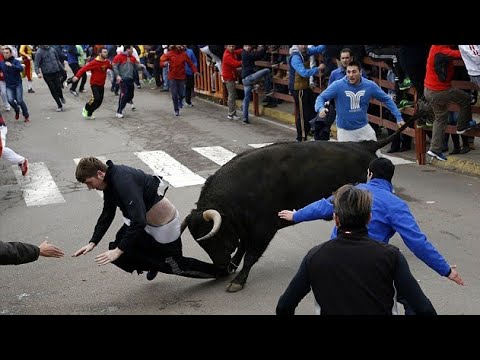 Top 10 Funny - Spain Bull Running On Street beating people 😂😂