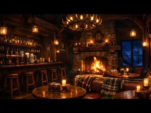 Bavarian Alpine Pub 🇩🇪 Winter Storm Night | Fireplace & German Folk Music | 4 Hours Sleep