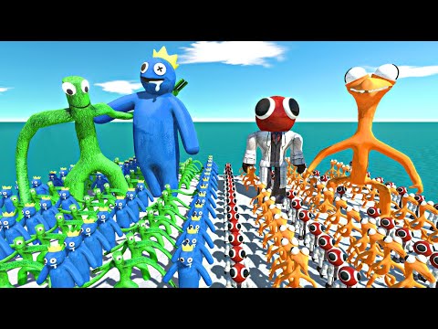 Rainbow Friends Blue + Green vs Rainbow Friends Red + Orange - Animal Revolt Battle Simulator