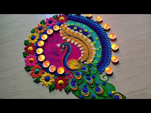 big colorful peacock rangoli design for festivals by jyoti rathod