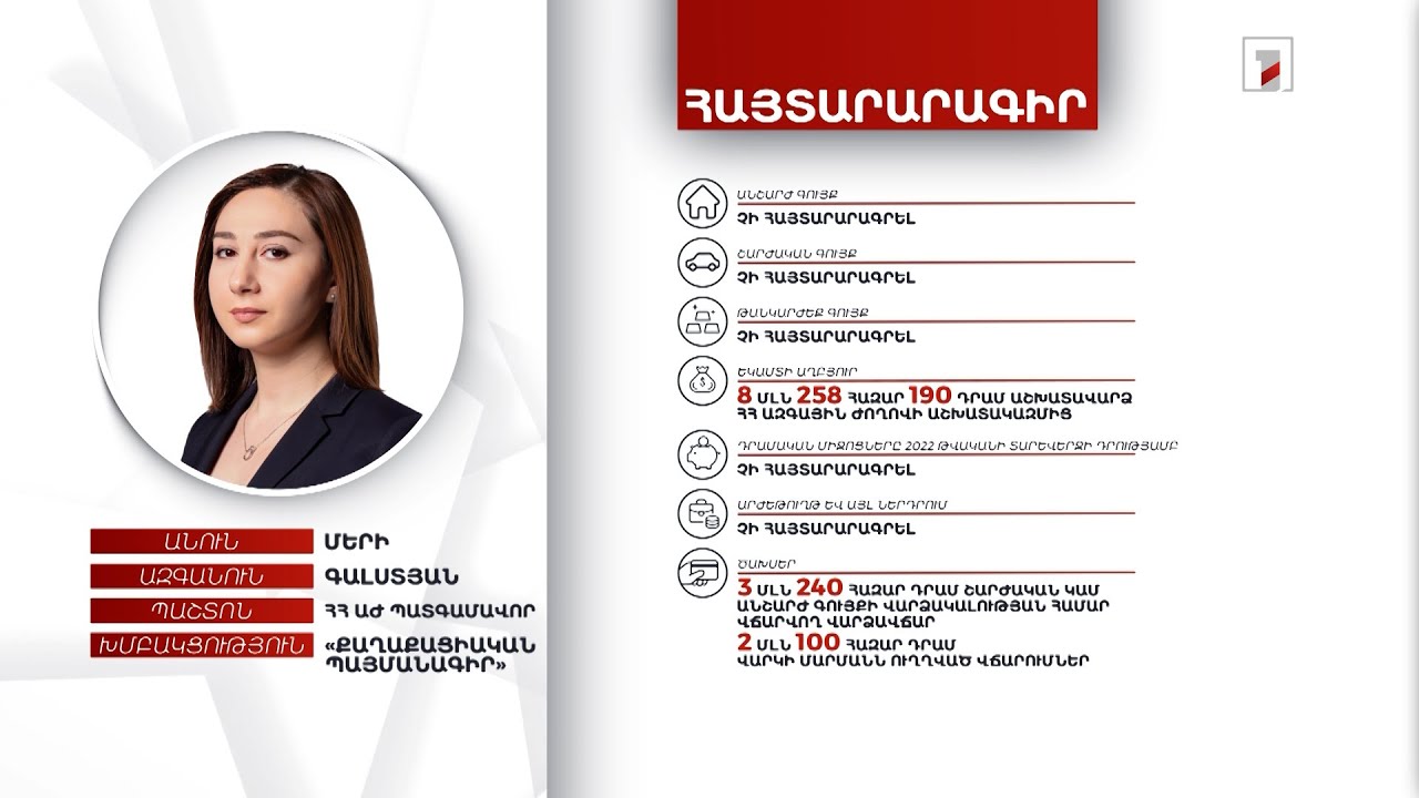 Ո՛չ անշարժ ու շարժական գույք, ո՛չ դրամական միջոցներ. ՀՀ ԱԺ պատգամավոր Մերի Գալստյանի հայտարարագիրը