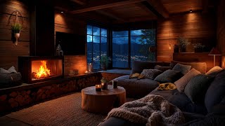 Thunderstorm over Cozy Cabin at Night | Fireplace, Rain on Windows & Sleeping Pets