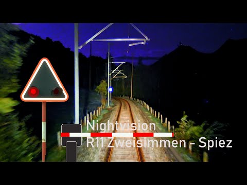 🌌 NIGHTVISION cab ride / Führerstandsmitfahrt - R11 Zweisimmen - Spiez 🚃 bls RABe 528 MIKA