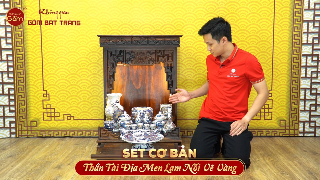 [Set Cơ Bản] Bộ Đồ Thờ Thần Tài Thổ Địa Men Lam Nổi Vẽ Vàng (9 món)
