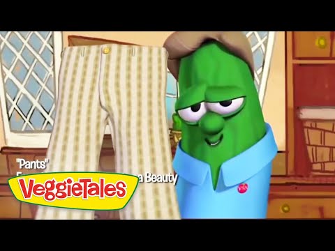Green VeggieTales cucumber in a blue shirt smiles beside a tall striped-pants prop in a cozy kitchen; VeggieTales logo bottom left.