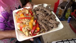 Pan-Fried Cube Steak Strips With Mushrooms, Peppers And Onions