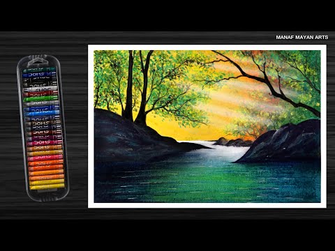 Easy Forest Lake Scenery / Drawing for Beginners / Oil pastel / #304