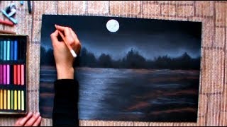 How to draw a night winterscape with pastels, speed drawing by Thundy