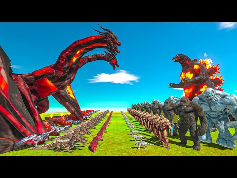 Ancient Dragon Hydra Team vs Burning Godzilla and Ice Titan Alliance