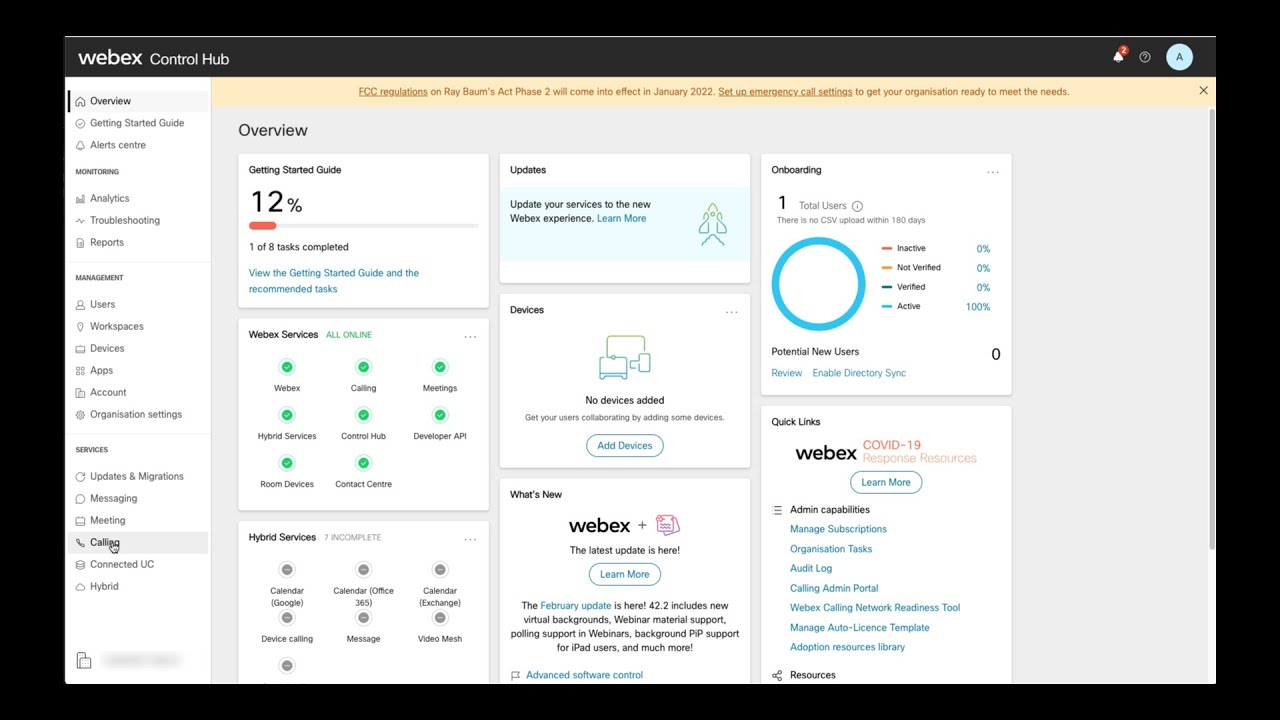 Initial setup of Webex Calling Organization