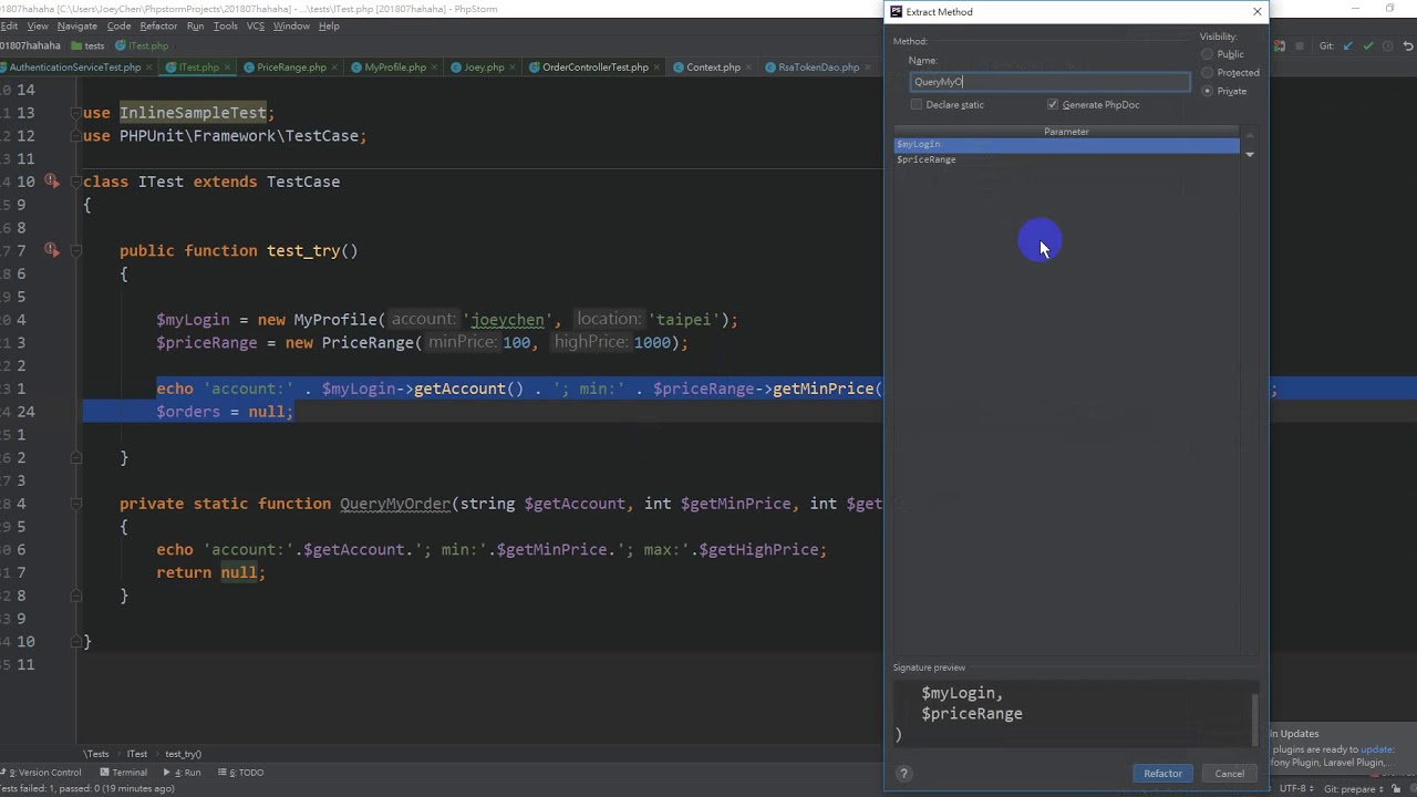 phpstorm parameter object by inline/extract method