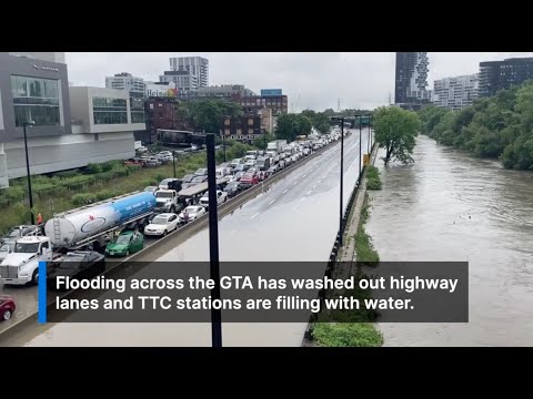 Flooding across the GTA has highway lanes washed out and TTC stations filling with water