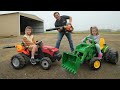 Playing in hay with leaf blowers on kids tractors | Tractors for kids