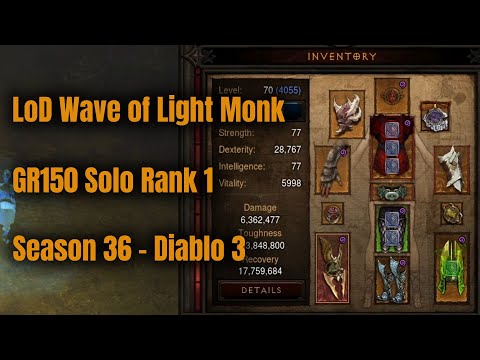 Season 36 LoD Wave of Light Monk Rank 1 GR150 Solo - Diablo 3