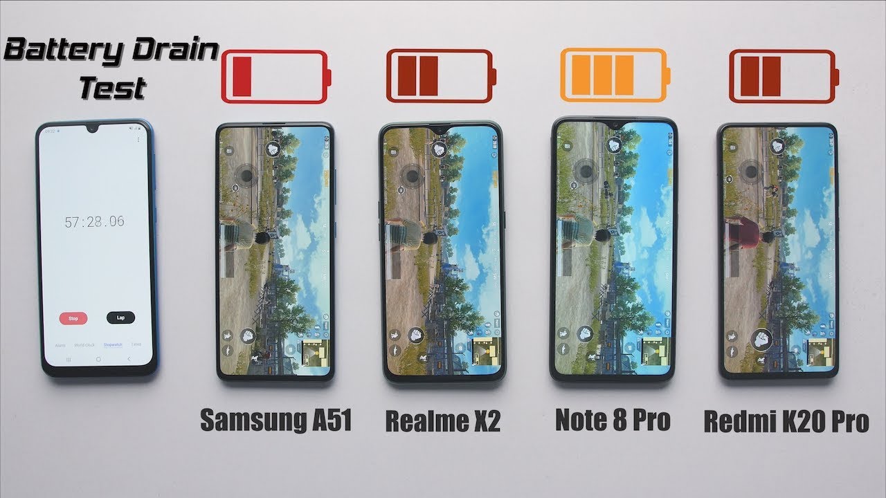 Battery Drain & Charging Test - Samsung Galaxy A51 Vs Realme X2 Vs Note 8 Pro Vs Redmi K20 Pro!!