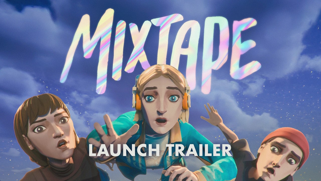 Mixtape (2026) — Rockford, Slater and Cassandra walking up the stairs in the launch trailer, set in a 1990s Northern California home with warm golden lamplight.