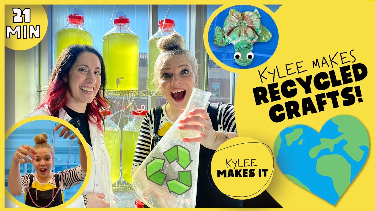 Kylee Makes Recycled Crafts! Celebrate Earth Day | How to Make Plastic Bottle Turtle & Algae String!