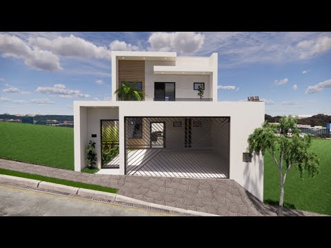 Casa 7x20 - Projeto 3D online e planta baixa de casa moderna com jardim, piscina e academia.