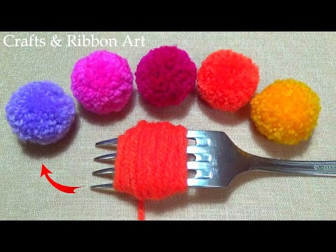 Super Easy POM POM Making with Fork - Amazing Craft Ideas with Wool - Hand Embroidery Flower Design
