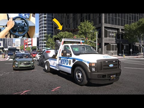 GTA 5 Lets Go To Work as NYPD Tow Truck Driver - Steering Wheel Gameplay