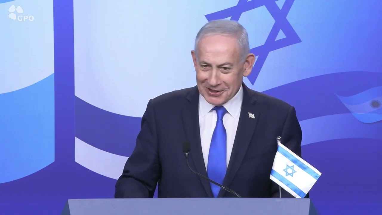 ראש הממשלה בנימין נתניהו בהצהרה לצד נשיא ארגנטינה חאבייר מיליי, במשרד ראש המ?