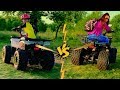 Funny Tug of War on four-wheeled toys Den vs Mom