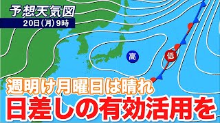 低気圧で特に関東や本州中部東北こういっ（00:00:32 - 00:00:36） - 週明け月曜日は晴れ 日差しの有効活用を