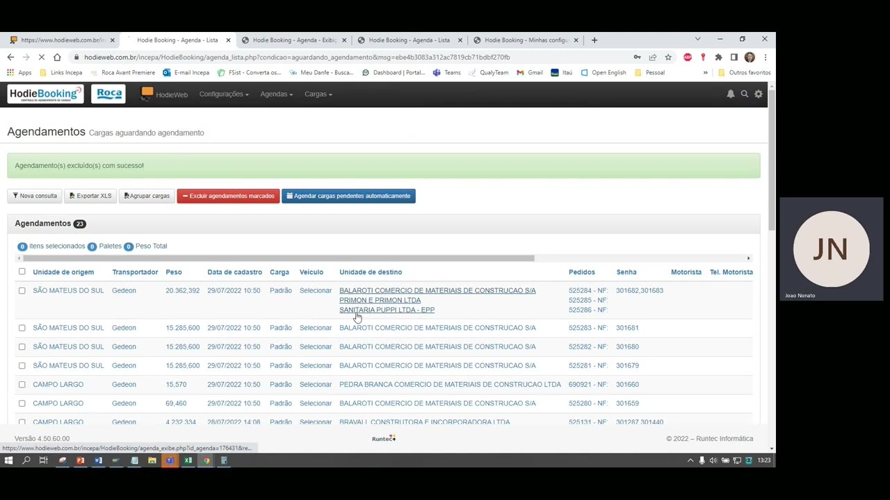 Agendamento de cargas no sistema Hodieweb
