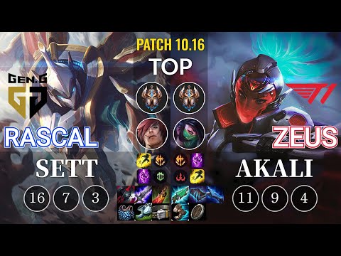 GEN Rascal Sett vs T1 Zeus Akali Top - KR Patch 10.16