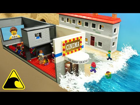 Cinema Flooded in Tsunami Experiment - LEGO Dam Breach - Wave Machine VS Movie Theatre