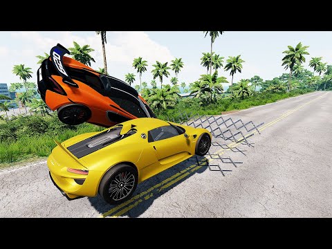 Cars VS Massive Spike Strip High Speed Car Crashes #4 BeamNG Drive