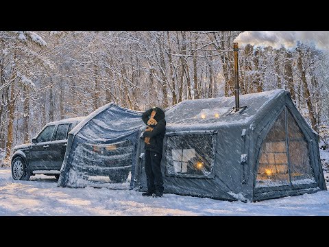 Camping in Snow with My Dog . 3-Room Inflatable Tent . Wood Stove ASMR