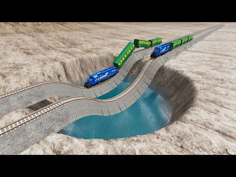 Impossible Weird Wave Rail Tracks Vs Trains Crossing Giant Pit - BeamNG.Drive