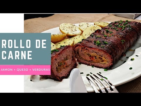 ROLLO DE CARNE RELLENO DE JAMÓN, QUESO Y VERDURAS (CON GUARNICIÓN) - RECETA FÁCIL Y RÁPIDA