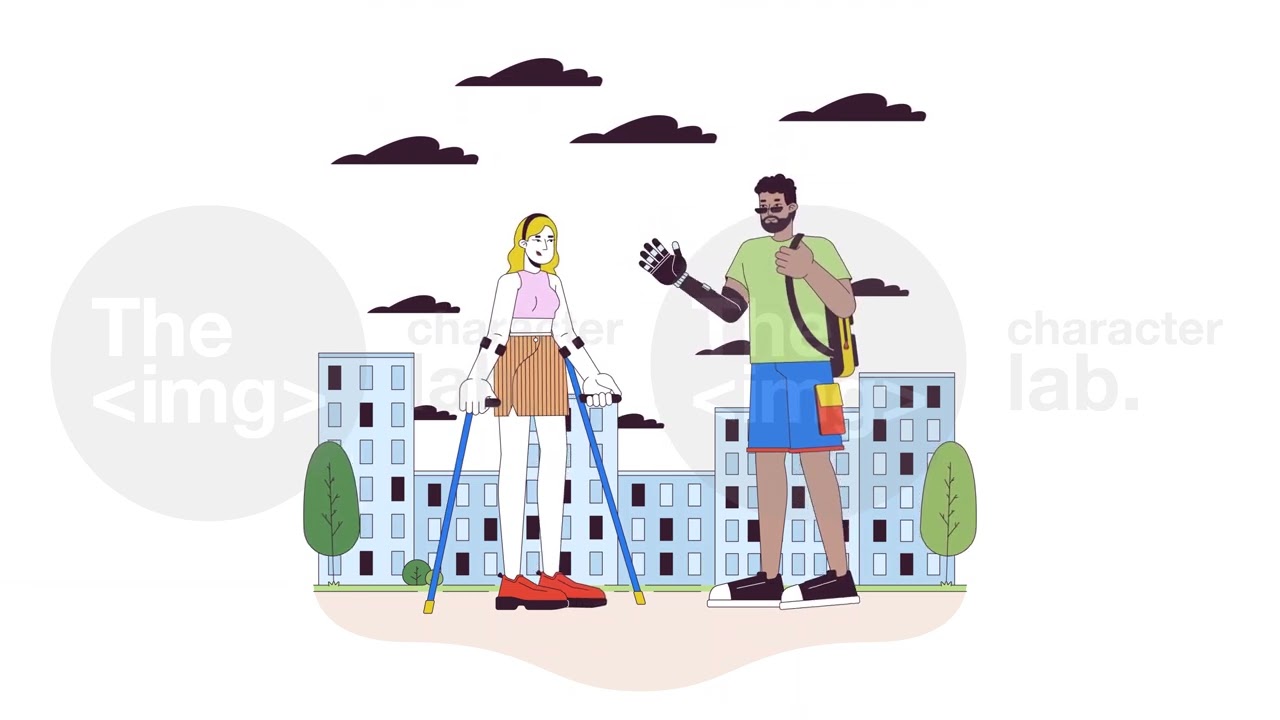 Black man waving prosthetic hand to friend with crunches line cartoon animation