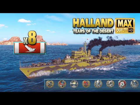 Destroyer Halland: 8 ships destroyed on map "Tears of the Desert" - World of Warships