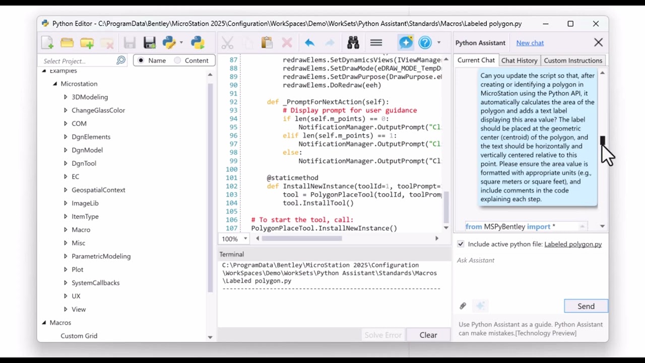 MicroStation 2025 Python Assistant: Creating a Labeled Polygon