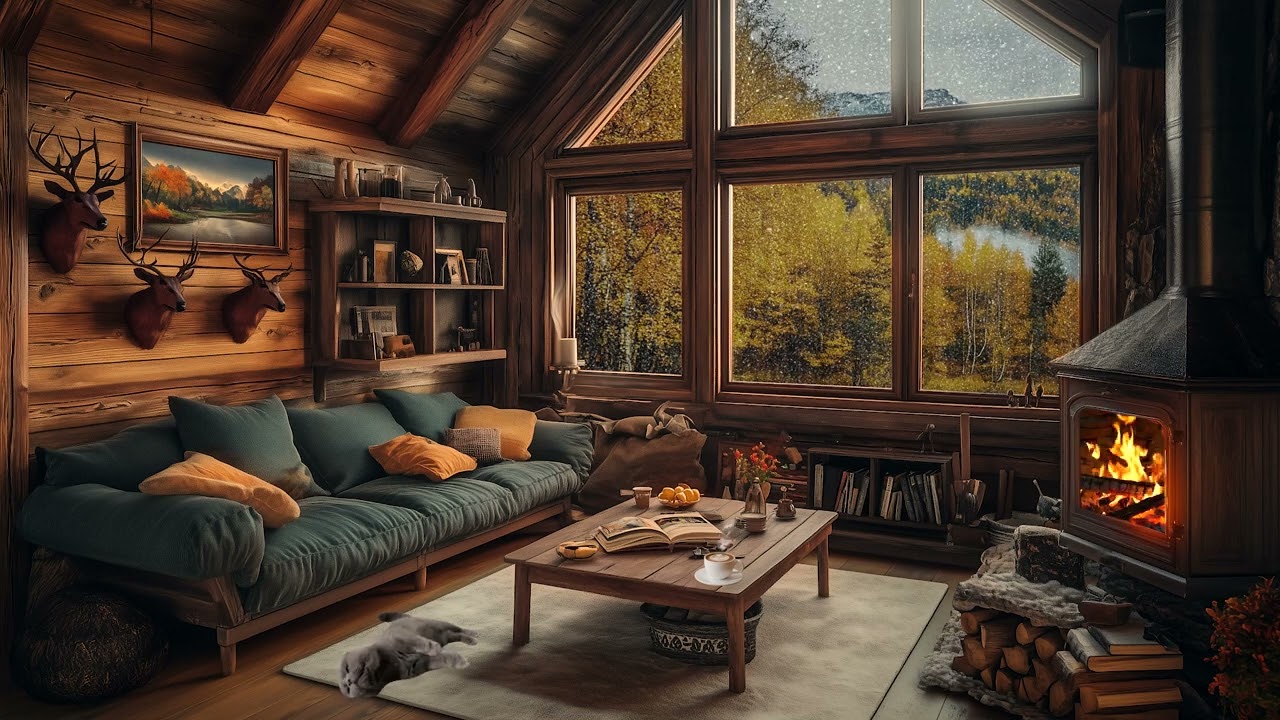 Fireplace & Rain Sounds Ambience 🍂 Cozy Cabin Ambience with Rain Day for Sleep & Relaxation