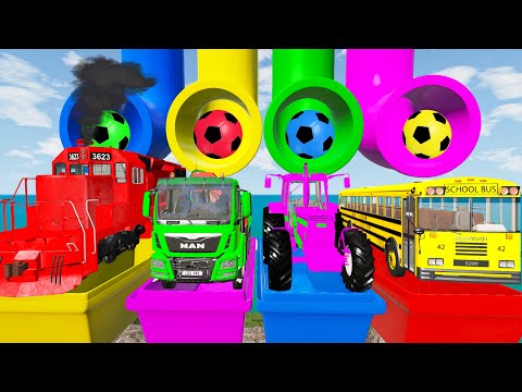 Monster Trucks Potholes Flatbed Long Trailer Truck Car Rescue - Cars vs Deep Water