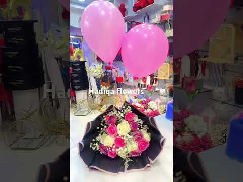 ##$$ Hadiqa flowers 🌷🌷 fresh flower with baloon🎈🎈 pink and white rose black wrapping🌷🌷🌷