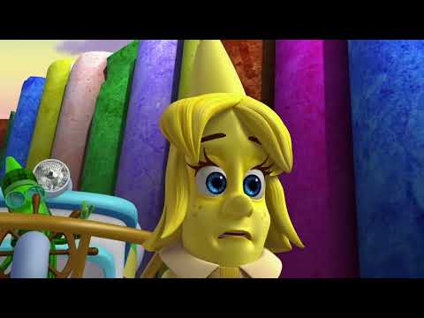 Official trailer still from The Hero of Color City (2014) showing Yellow and friends peeking out of the crayon box, setting up the film’s kid-bright, song-forward tone