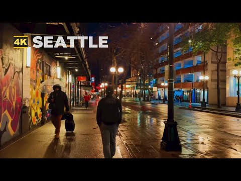 [4k] SEATTLE City Walk at Night - in the Rain : DOWNTOWN Virtual Tour - USA Travel Video