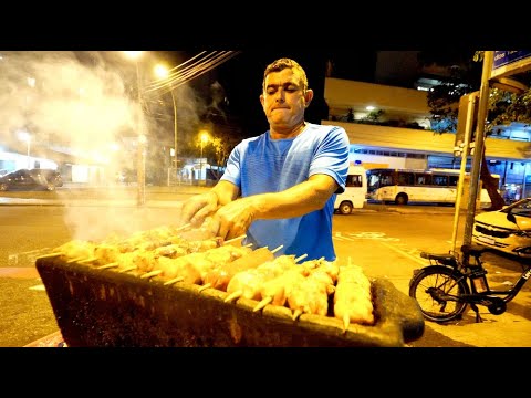 Brazilian STREET FOOD in COPACABANA BEACH!! Chicken Kebabs, Kidneys & Hearts | Rio de Janeiro, Brazi