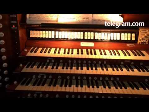 Randy Bloom plays the 1933 W.W. Kimball concert organ inside Worcester War Memorial Auditorium durin