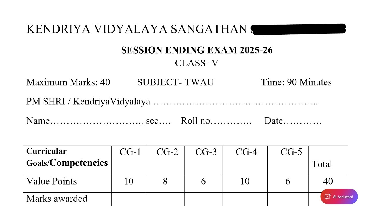 Class-5 TWAU (EVS) (PAPER-2) / Annual Exam 2026 Question Paper Session Ending  PM SHRI KV Term 2