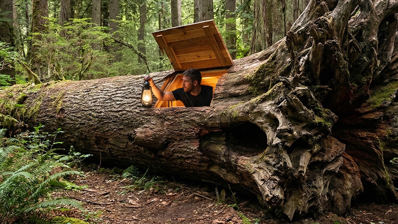Building a House in the Forest - This Man Built a Mini House Inside a Tree Trunk by Himself