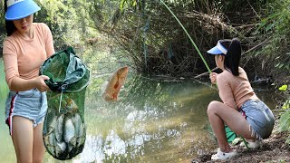 girl fishing wild fishing on the river, caught a lot of fish with homemade bait