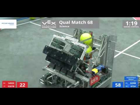 VEX Worlds 2016 - VRC High School - Science - Qual 68 (1492X 5267B) 182 vs 186 (929W 6724)